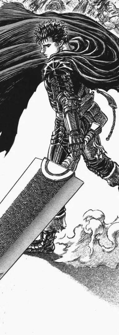 guts hält den dragonslayer mit einer hand und sein umhang weht durch drehung