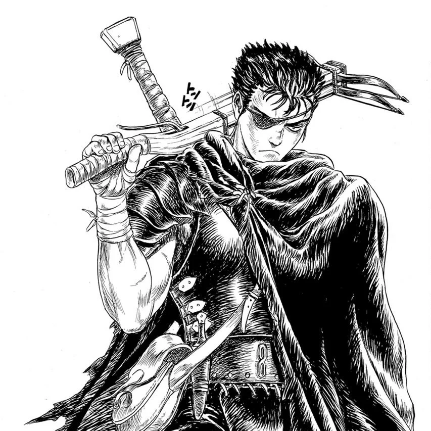 Eine frühe Version von Guts aus dem Berserk-Protoyp mit Augenklappe