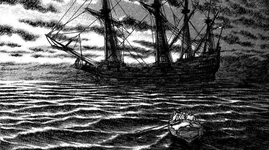 Menschen fahren in einem kleinen Boot auf sein sehr großes Schiff zu