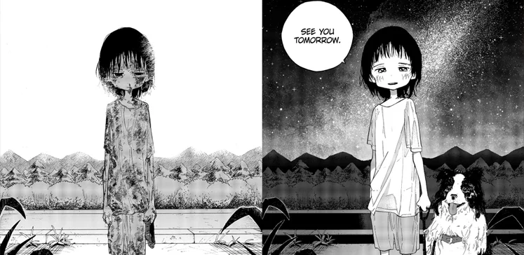 shizuku und ihr hund, daneben shizuku ohne hund