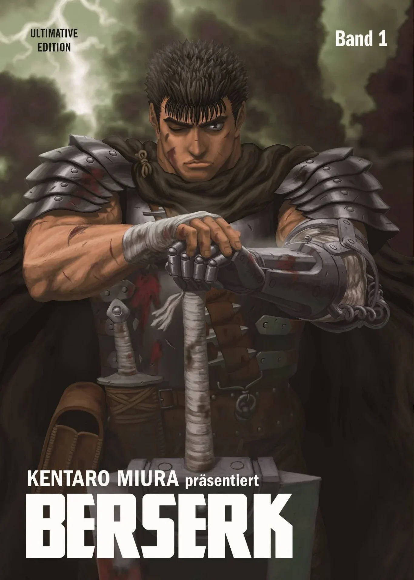 Manga-Cover der ersten deutschen Berserk-Ausgabe. Guts schaut in die Kamera und stützt sich auf sein Schwert