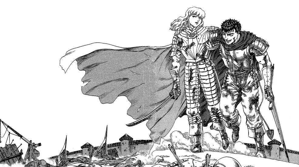 Guts wird von Griffith gestützt, beide lachen