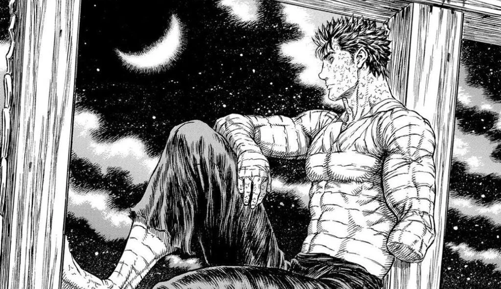 Guts ist verwundet, einbadagiert. Er starrt aus eiem Fester in die Nacht